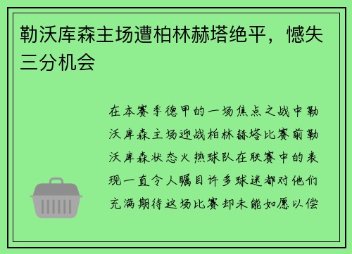 勒沃库森主场遭柏林赫塔绝平，憾失三分机会