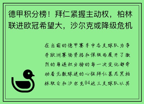 德甲积分榜！拜仁紧握主动权，柏林联进欧冠希望大，沙尔克或降级危机