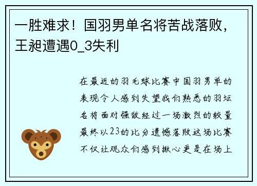 一胜难求！国羽男单名将苦战落败，王昶遭遇0_3失利