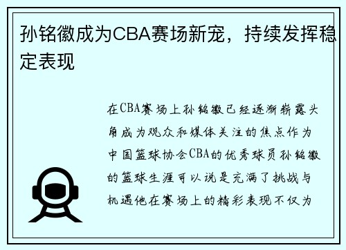 孙铭徽成为CBA赛场新宠，持续发挥稳定表现